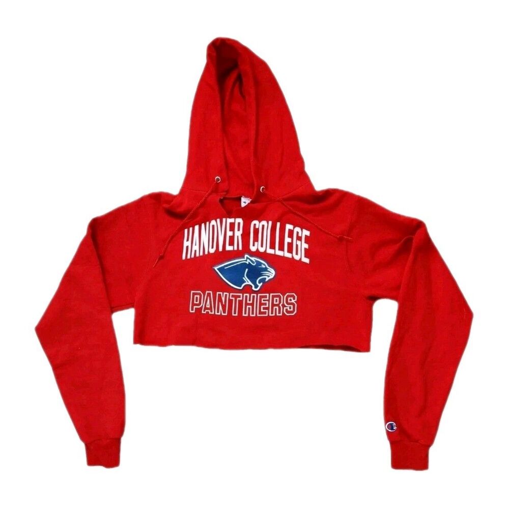 Champion Hanover Panthers Cropped Hoodie Red V Neck Drawstring Womens Sz S GUC